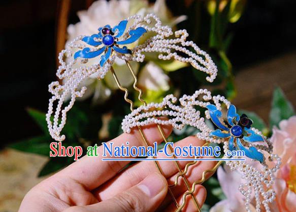 Chinese Traditional Hair Jewelry Pearls Hairpin Ancient Qing Dynasty Empress Blueing Lotus Hair Stick