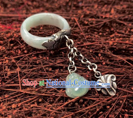 Chinese Handmade White Jade Ring National Silver Tassel Circlet Jewelry