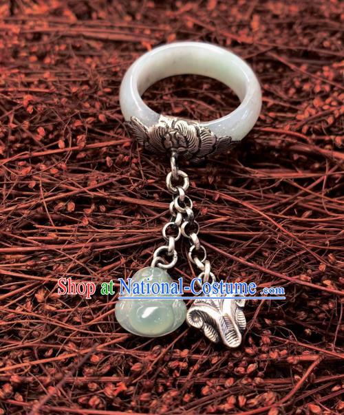 Chinese Handmade White Jade Ring National Silver Tassel Circlet Jewelry