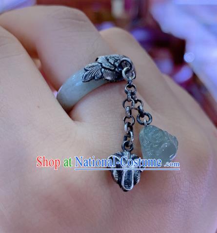 Chinese Handmade White Jade Ring National Silver Tassel Circlet Jewelry