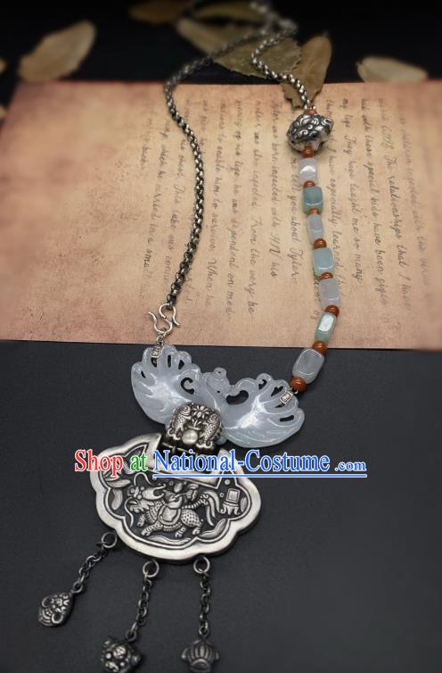 Handmade Chinese Jade Carving Phoenix Necklace Pendant National Silver Lock Tassel Necklet Accessories