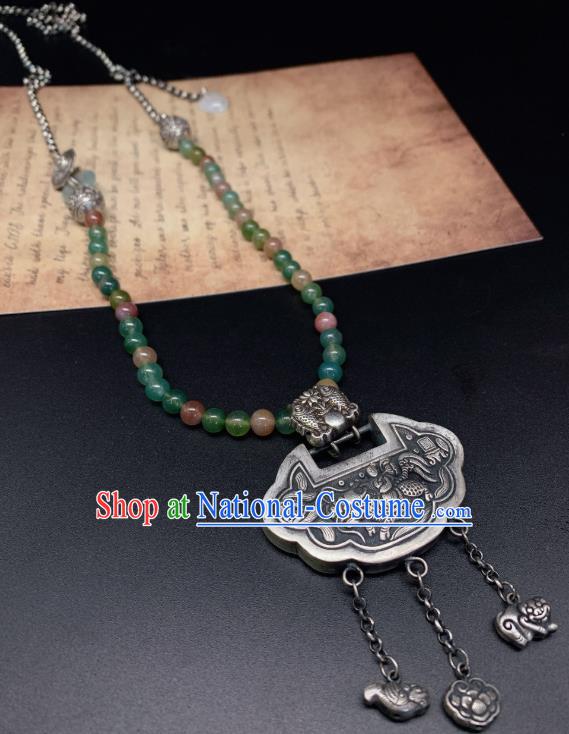 Handmade Chinese Jadeite Beads Necklace Accessories National Silver Lock Tassel Necklet Pendant