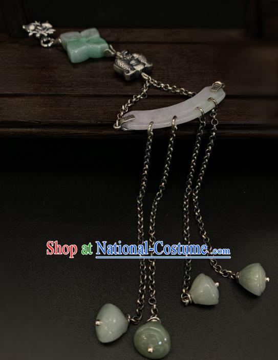 Handmade Chinese Jade Tassel Brooch Accessories National Silver Pendant