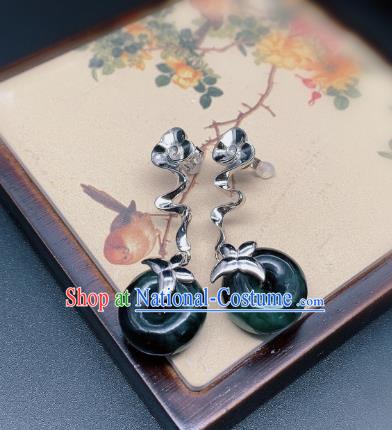 China Traditional Silver Ear Accessories National Cheongsam Jadeite Peace Buckle Earrings Jewelry