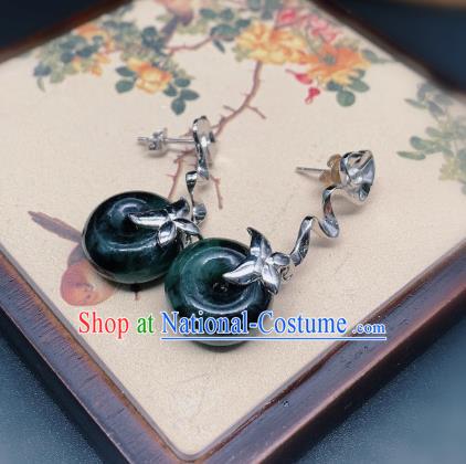 China Traditional Silver Ear Accessories National Cheongsam Jadeite Peace Buckle Earrings Jewelry