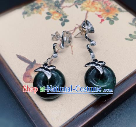 China Traditional Silver Ear Accessories National Cheongsam Jadeite Peace Buckle Earrings Jewelry