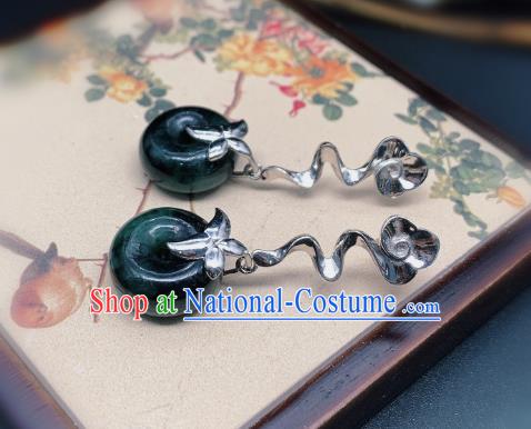 China Traditional Silver Ear Accessories National Cheongsam Jadeite Peace Buckle Earrings Jewelry