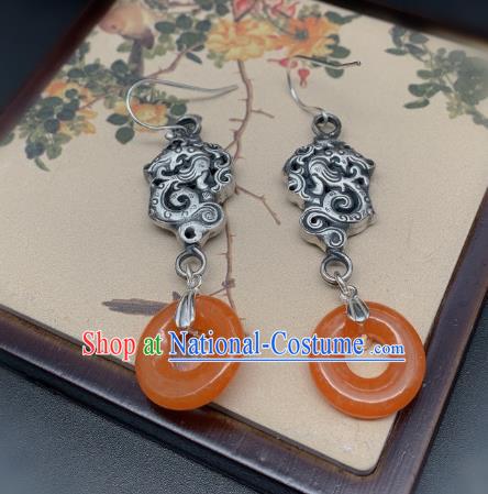 China Traditional Agate Peace Buckle Ear Accessories National Cheongsam Silver Dragon Earrings Jewelry