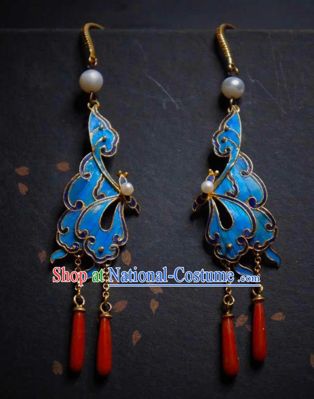 Handmade Chinese Traditional Culture Jewelry Cheongsam Agate Ear Accessories Blueing Butterfly Earrings