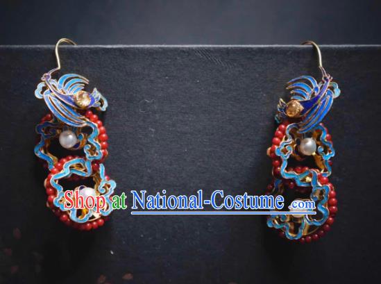 Handmade Chinese Cheongsam Coral Beads Ear Accessories Traditional Culture Jewelry Blueing Crane Earrings