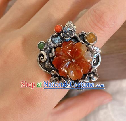 Chinese Handmade National Agate Circlet Wedding Jewelry Silver Plum Blossom Finger Ring