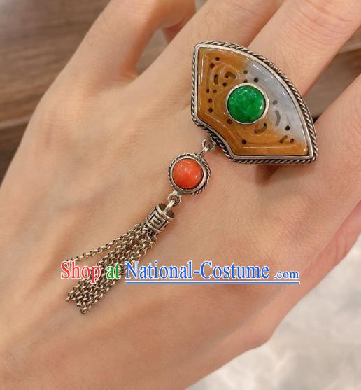 Chinese Handmade National Jadeite Circlet Wedding Jewelry Silver Tassel Finger Ring