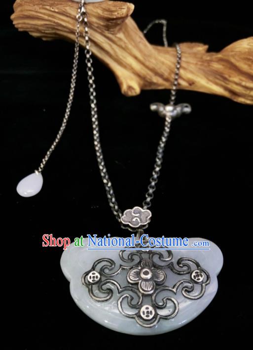 Handmade Chinese White Jade Necklace Accessories National Silver Carving Bat Necklet