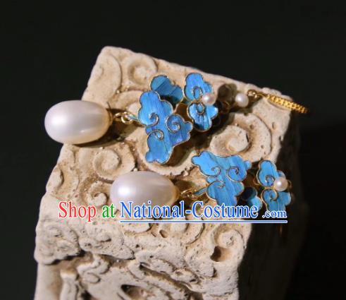 Chinese Cheongsam Blueing Cloud Ear Accessories Traditional Culture Jewelry Pearls Earrings