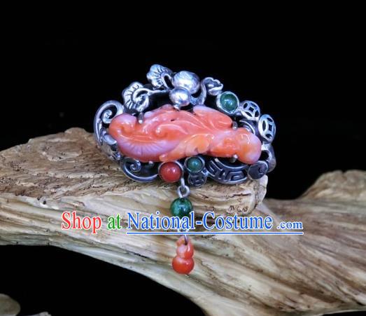 Chinese Handmade Agate Carving Ring National Jewelry Silver Gourd Circlet