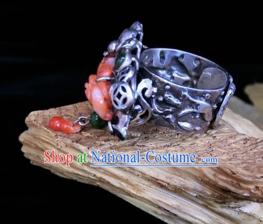 Chinese Handmade Agate Carving Ring National Jewelry Silver Gourd Circlet