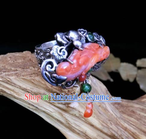 Chinese Handmade Agate Carving Ring National Jewelry Silver Gourd Circlet