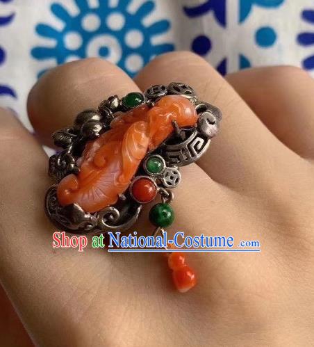 Chinese Handmade Agate Carving Ring National Jewelry Silver Gourd Circlet