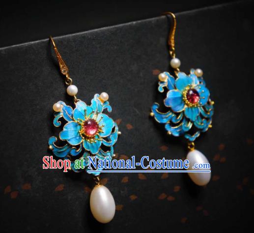 Handmade Chinese Cheongsam Pearls Ear Accessories Traditional Culture Jewelry Blue Peony Earrings