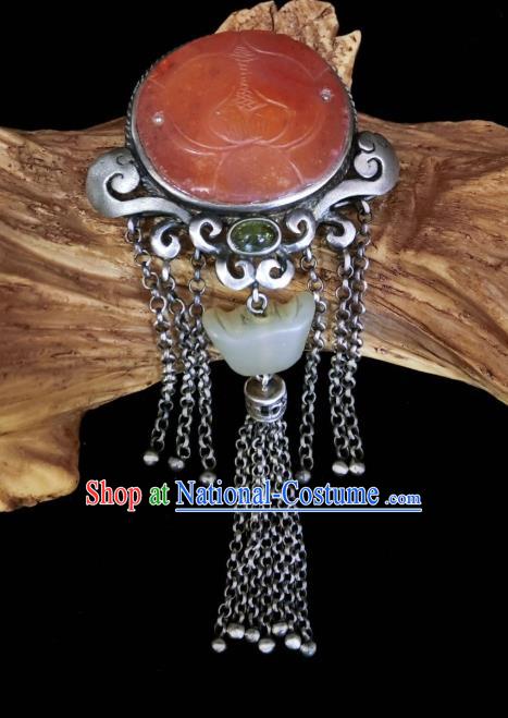 Handmade Chinese Jade Ingot Necklace Accessories National Agate Carving Lotus Necklet Pendant