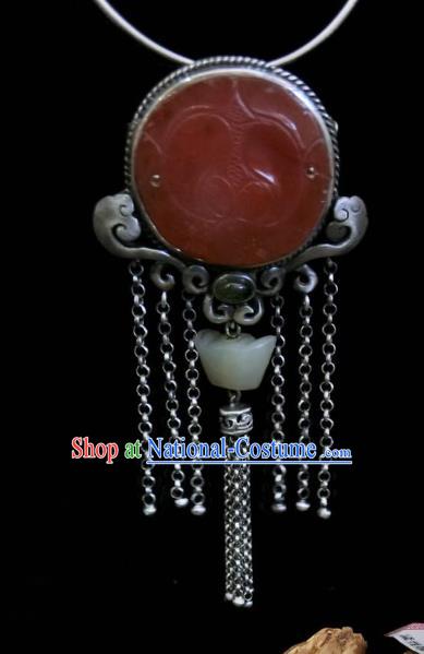 Handmade Chinese Jade Ingot Necklace Accessories National Agate Carving Lotus Necklet Pendant