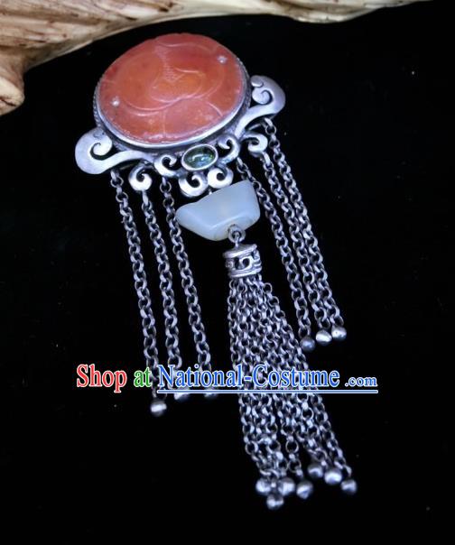 Handmade Chinese Jade Ingot Necklace Accessories National Agate Carving Lotus Necklet Pendant