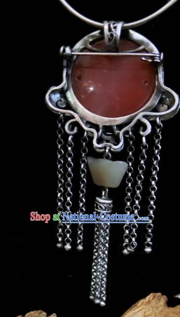 Handmade Chinese Jade Ingot Necklace Accessories National Agate Carving Lotus Necklet Pendant