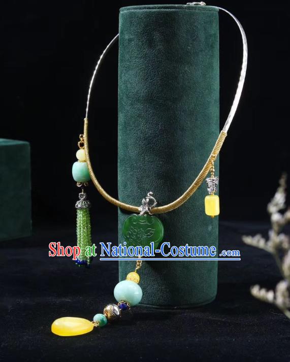 Handmade Chinese National Jadeite Necklace Traditional Beeswax Necklet Accessories