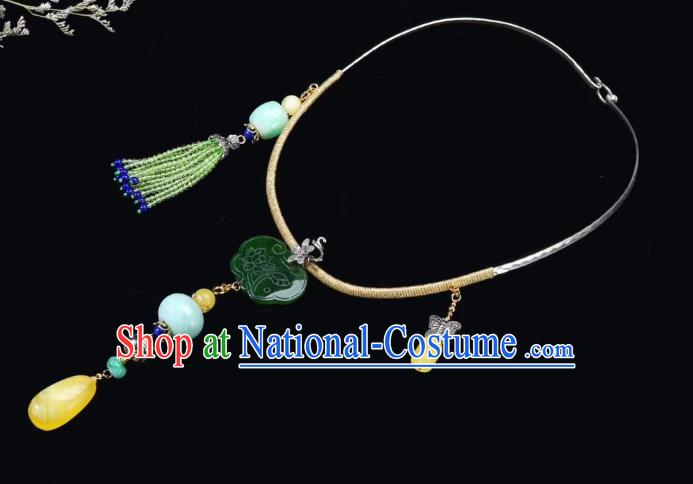 Handmade Chinese National Jadeite Necklace Traditional Beeswax Necklet Accessories