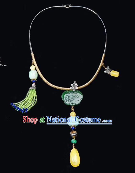 Handmade Chinese National Jadeite Necklace Traditional Beeswax Necklet Accessories