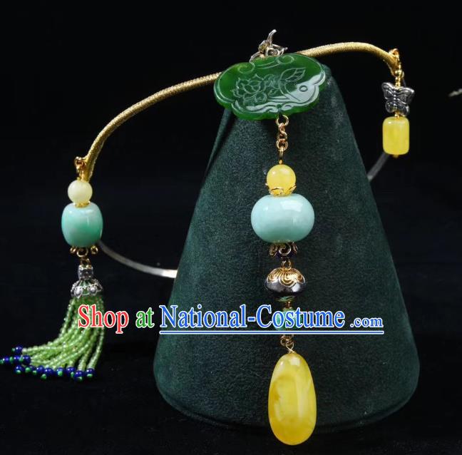 Handmade Chinese National Jadeite Necklace Traditional Beeswax Necklet Accessories