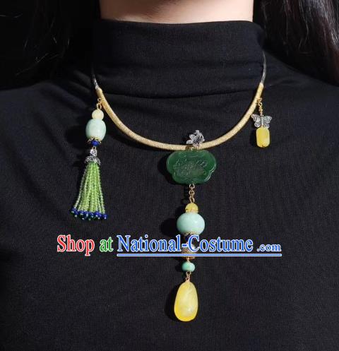 Handmade Chinese National Jadeite Necklace Traditional Beeswax Necklet Accessories