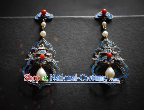 Handmade Chinese Cheongsam Pearls Ear Accessories Traditional Culture Jewelry Blueing Palace Earrings