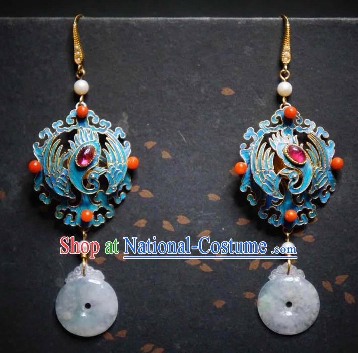 Handmade Chinese Cheongsam Jadeite Ear Accessories Traditional Culture Jewelry Blueing Phoenix Earrings