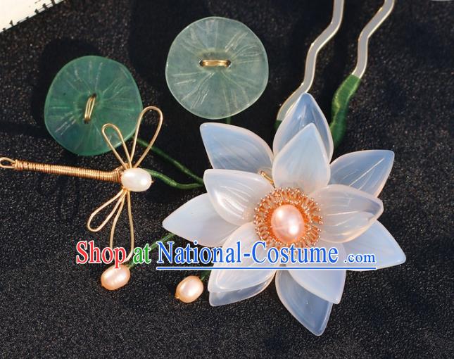 China Classical Pearls Hairpin Traditional Hair Accessories Hanfu White Lotus Hair Stick