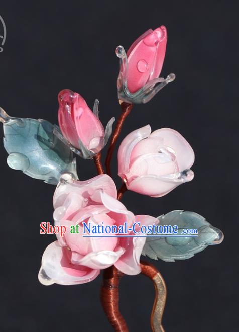 China Hanfu Pink Flowers Hair Stick Classical Ming Dynasty Hairpin Traditional Hair Accessories