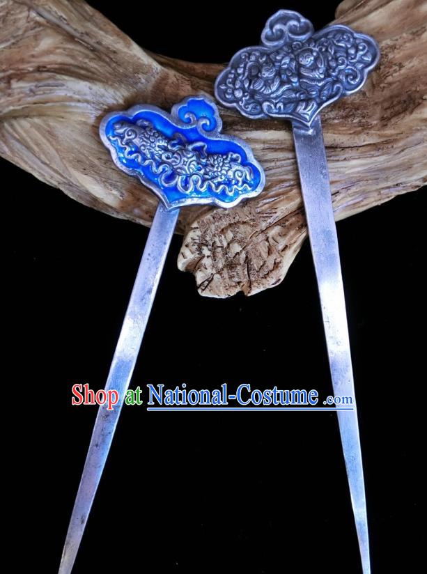 China Traditional Hair Accessories Classical Silver Carving Bat Hairpin Handmade Blueing Hair Stick