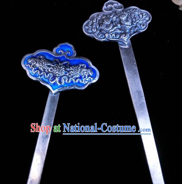 China Traditional Hair Accessories Classical Silver Carving Bat Hairpin Handmade Blueing Hair Stick