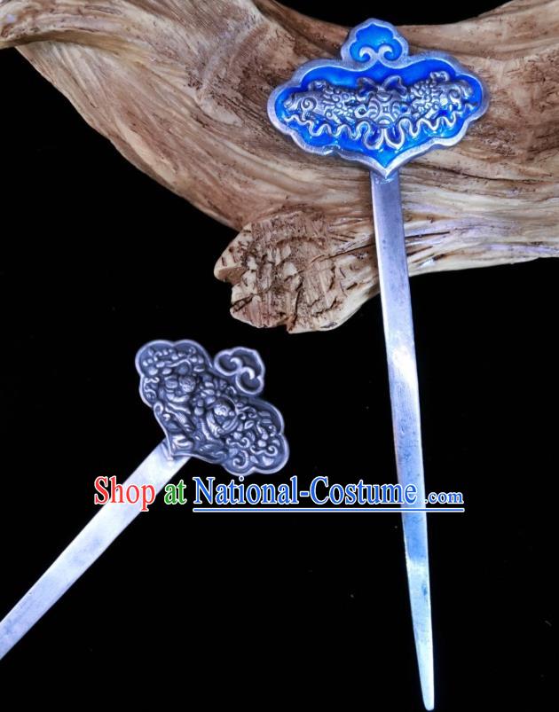 China Traditional Hair Accessories Classical Silver Carving Bat Hairpin Handmade Blueing Hair Stick