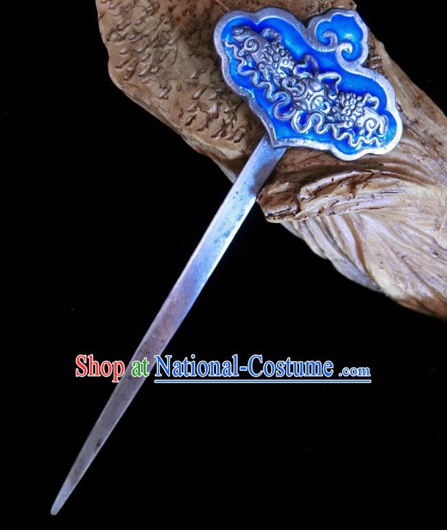 China Traditional Hair Accessories Classical Silver Carving Bat Hairpin Handmade Blueing Hair Stick