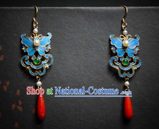 Handmade Chinese Cheongsam Blue Butterfly Ear Accessories Traditional Culture Jewelry Emerald Earrings