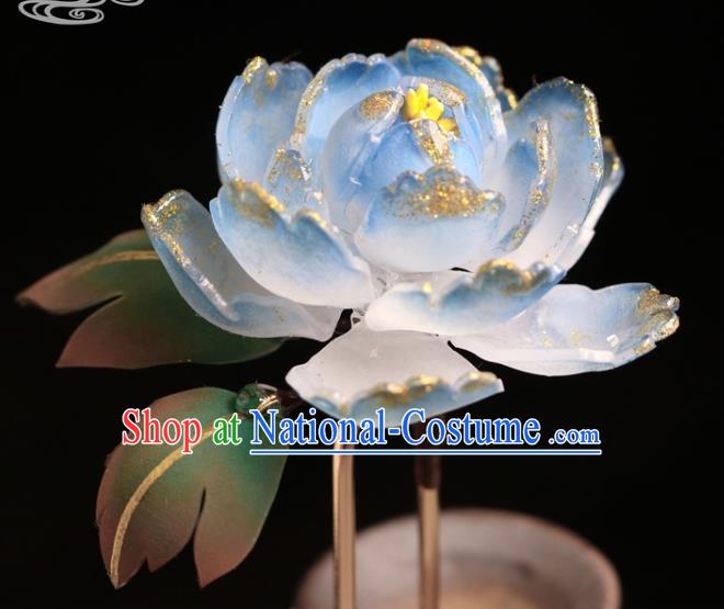 China Hanfu Blue Peony Hair Stick Classical Hair Accessories Traditional Ming Dynasty Princess Hairpin