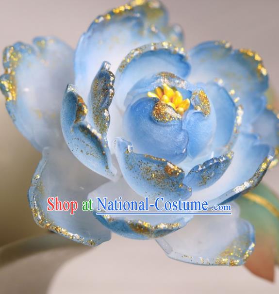 China Hanfu Blue Peony Hair Stick Classical Hair Accessories Traditional Ming Dynasty Princess Hairpin