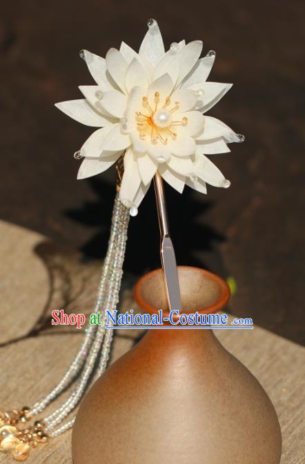 China Hanfu Beads Tassel Hair Stick Classical Hair Accessories Traditional Song Dynasty Princess White Epiphyllum Hairpin