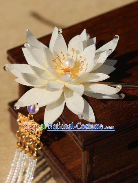 China Hanfu Beads Tassel Hair Stick Classical Hair Accessories Traditional Song Dynasty Princess White Epiphyllum Hairpin