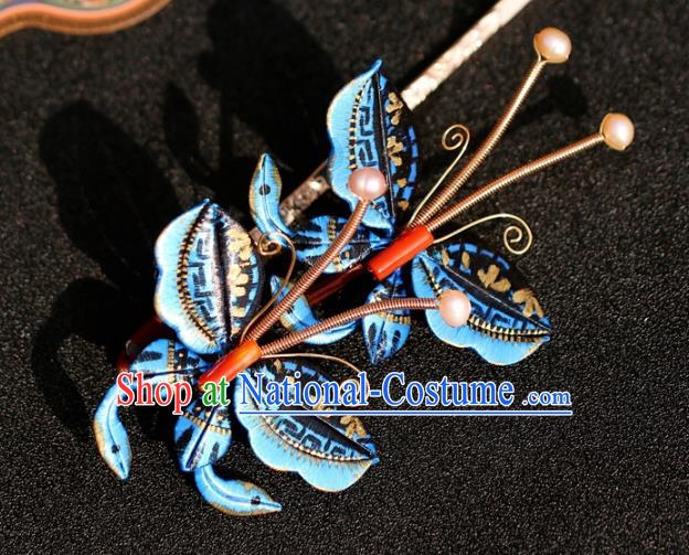 China Traditional Ming Dynasty Princess Tassel Hairpin Hair Accessories Classical Hanfu Blue Butterfly Hair Stick