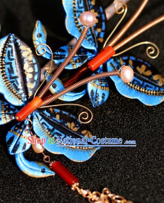 China Traditional Ming Dynasty Princess Tassel Hairpin Hair Accessories Classical Hanfu Blue Butterfly Hair Stick