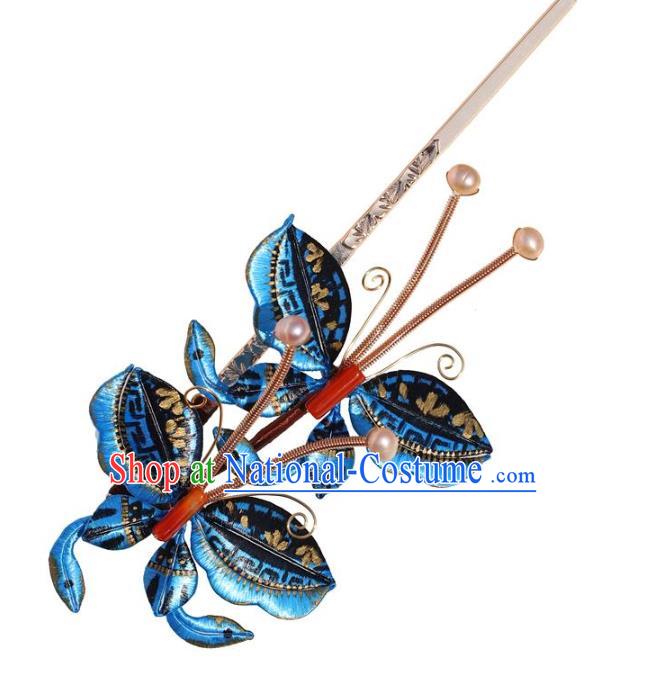 China Traditional Ming Dynasty Princess Tassel Hairpin Hair Accessories Classical Hanfu Blue Butterfly Hair Stick