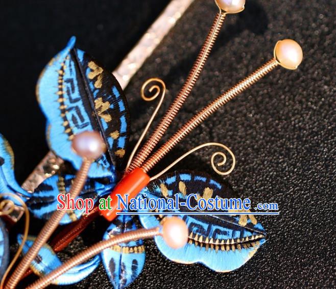 China Traditional Ming Dynasty Princess Tassel Hairpin Hair Accessories Classical Hanfu Blue Butterfly Hair Stick