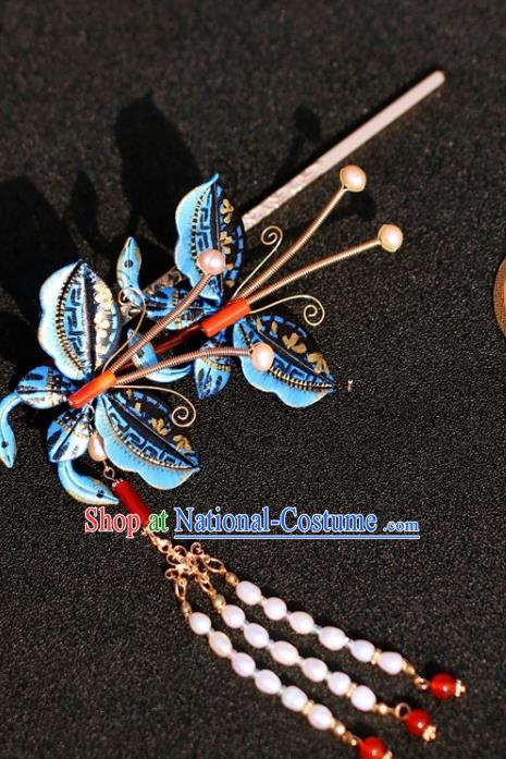 China Traditional Ming Dynasty Princess Tassel Hairpin Hair Accessories Classical Hanfu Blue Butterfly Hair Stick